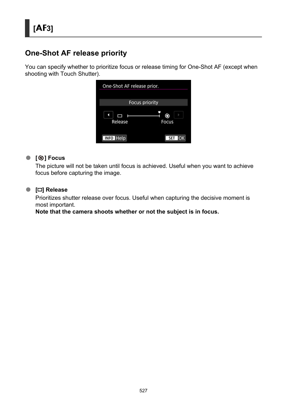 One-shot af release prior, 3] one-shot af release priority | Canon EOS R6 Mark II Mirrorless Camera with 24-105mm f/4-7.1 Lens User Manual | Page 527 / 1074