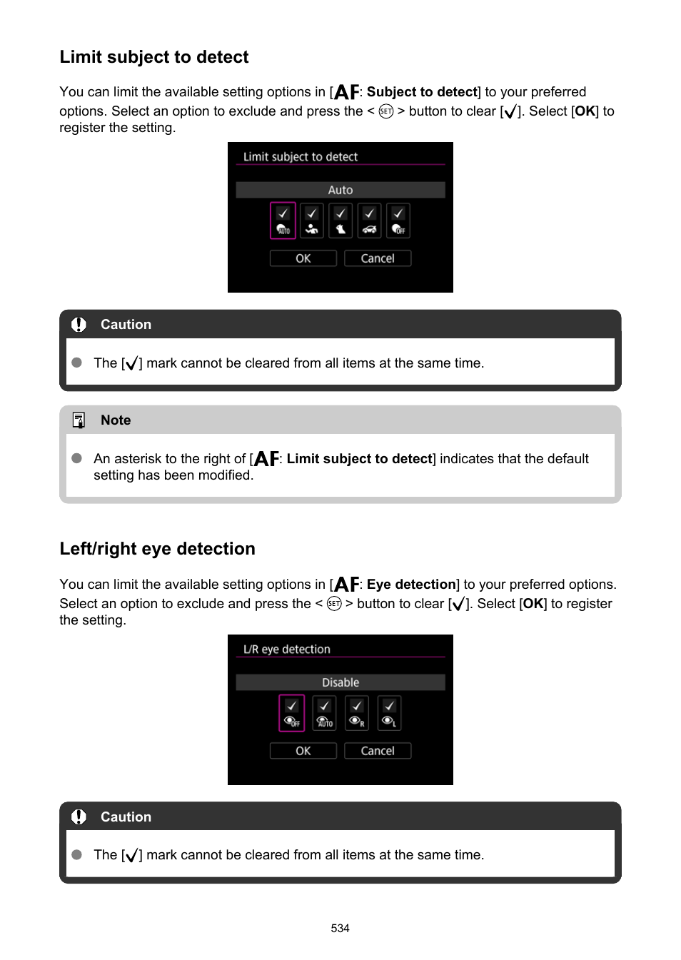 Limit subject to detect, L/r eye detection, Left/right eye detection | Canon EOS R6 Mark II Mirrorless Camera with 24-105mm f/4-7.1 Lens User Manual | Page 534 / 1074