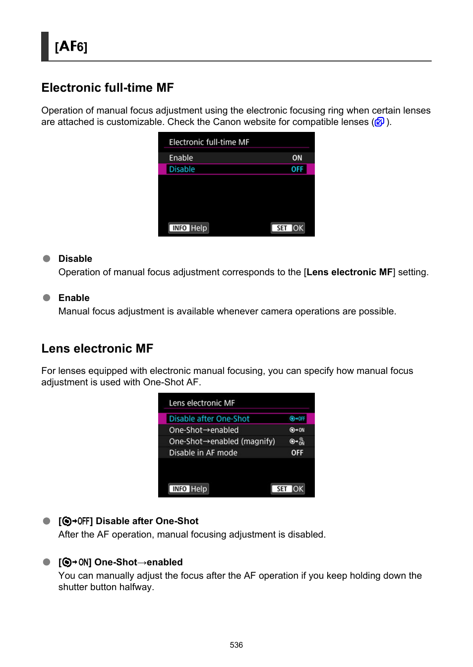 Electronic full-time mf, Lens electronic mf, 6] electronic full-time mf | Canon EOS R6 Mark II Mirrorless Camera with 24-105mm f/4-7.1 Lens User Manual | Page 536 / 1074