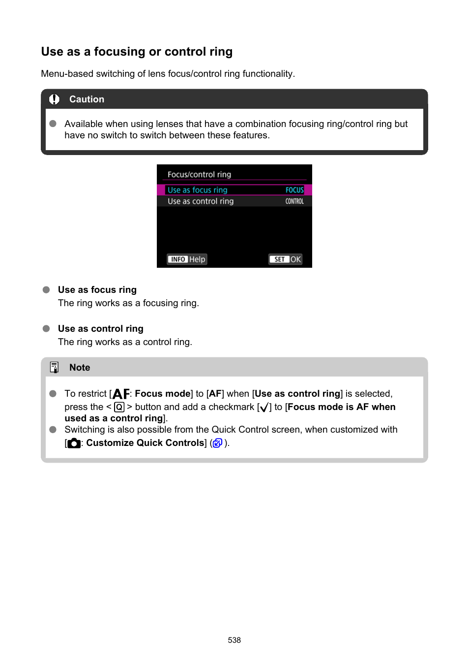 Focus/control ring, Use as a focusing or control ring | Canon EOS R6 Mark II Mirrorless Camera with 24-105mm f/4-7.1 Lens User Manual | Page 538 / 1074
