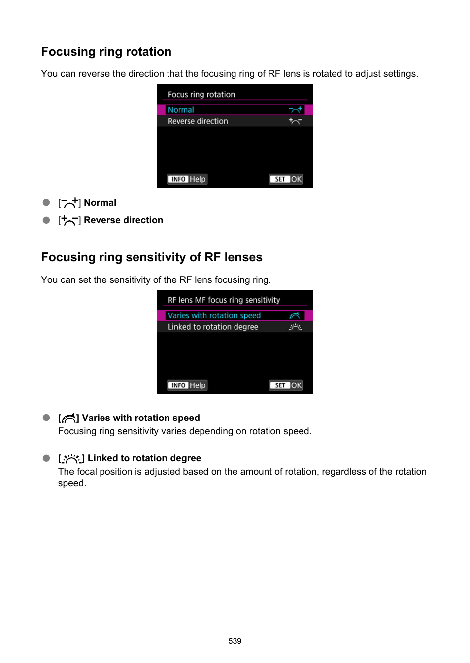 Focus ring rotation, Rf lens mf focus ring sensitivity, Focusing ring rotation | Focusing ring sensitivity of rf lenses | Canon EOS R6 Mark II Mirrorless Camera with 24-105mm f/4-7.1 Lens User Manual | Page 539 / 1074