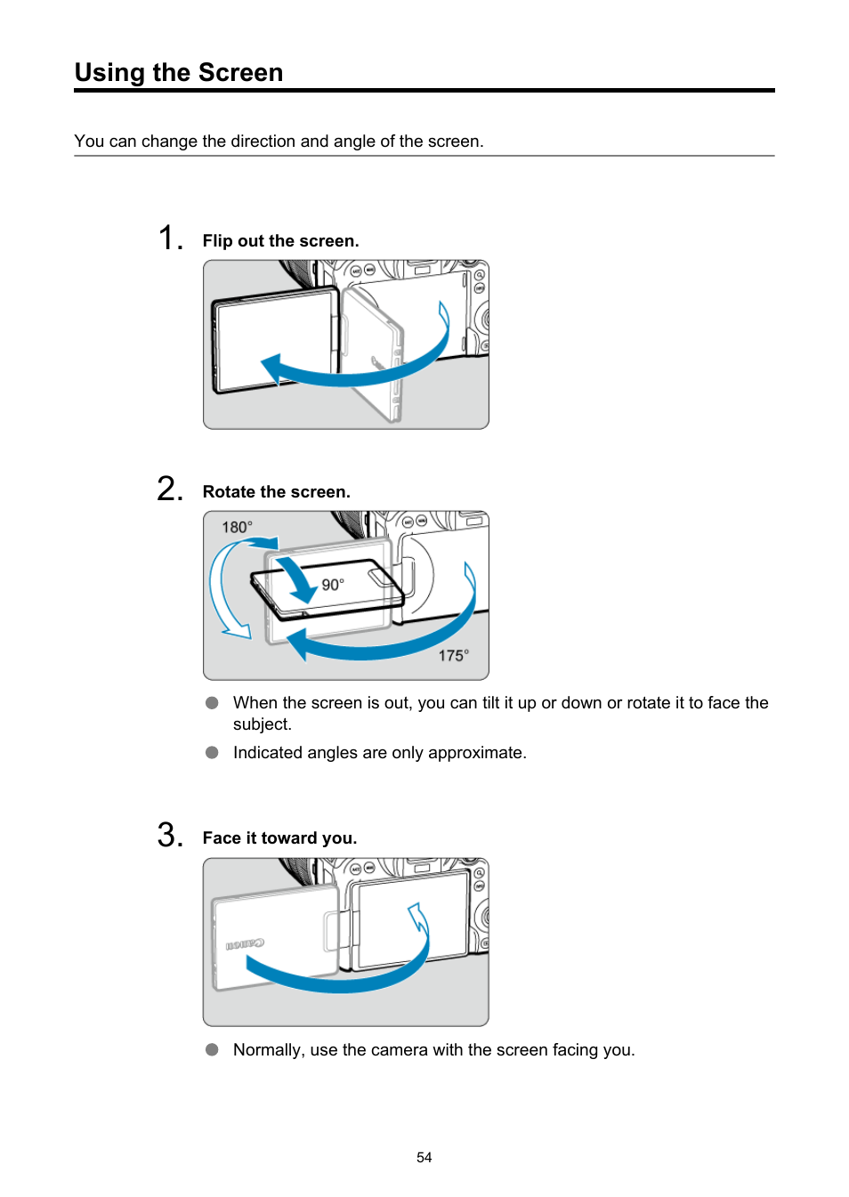Using the screen | Canon EOS R6 Mark II Mirrorless Camera with 24-105mm f/4-7.1 Lens User Manual | Page 54 / 1074