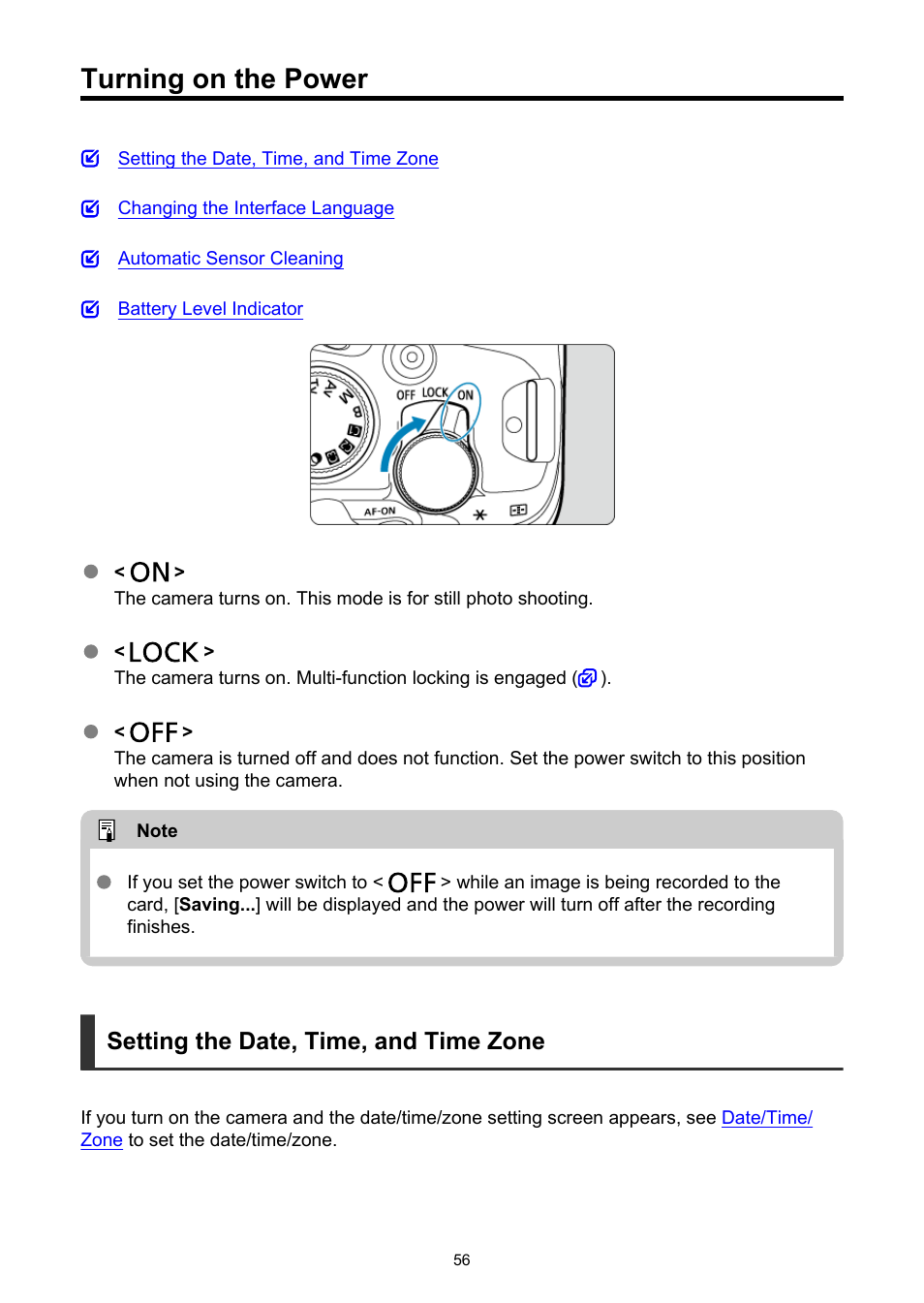 Turning on the power, Setting the date, time, and time zone | Canon EOS R6 Mark II Mirrorless Camera with 24-105mm f/4-7.1 Lens User Manual | Page 56 / 1074