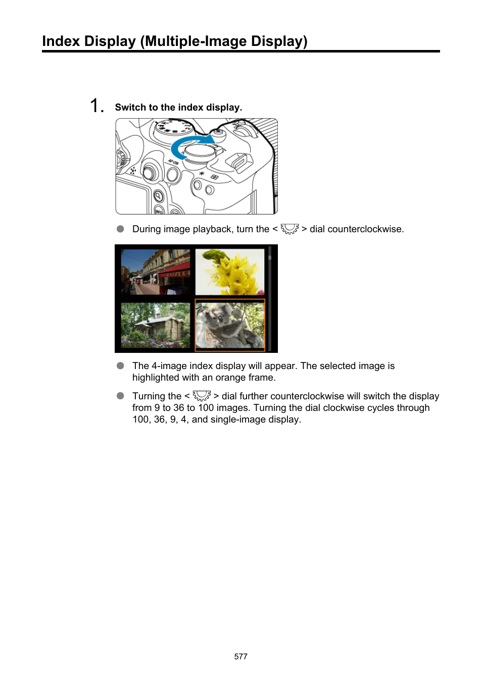 Index display (multiple-image display), Index display | Canon EOS R6 Mark II Mirrorless Camera with 24-105mm f/4-7.1 Lens User Manual | Page 577 / 1074