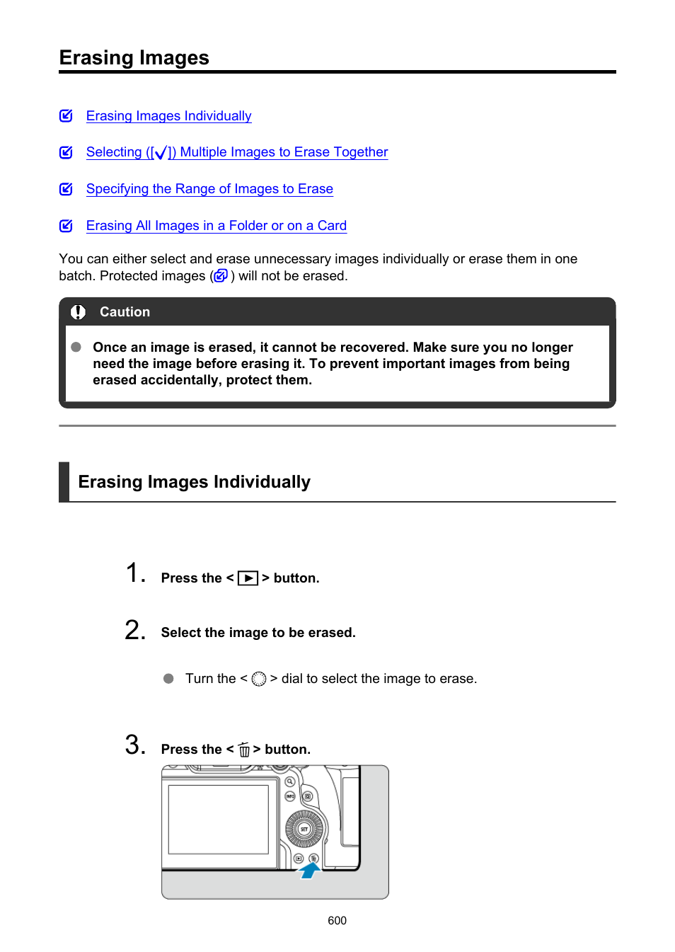 Erasing images, Erase images, If you erase all the images | Only the protected images will remain. this is | Canon EOS R6 Mark II Mirrorless Camera with 24-105mm f/4-7.1 Lens User Manual | Page 600 / 1074