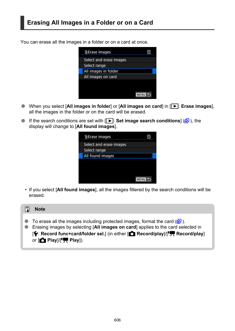 Erasing all images in a folder or on a card | Canon EOS R6 Mark II Mirrorless Camera with 24-105mm f/4-7.1 Lens User Manual | Page 606 / 1074