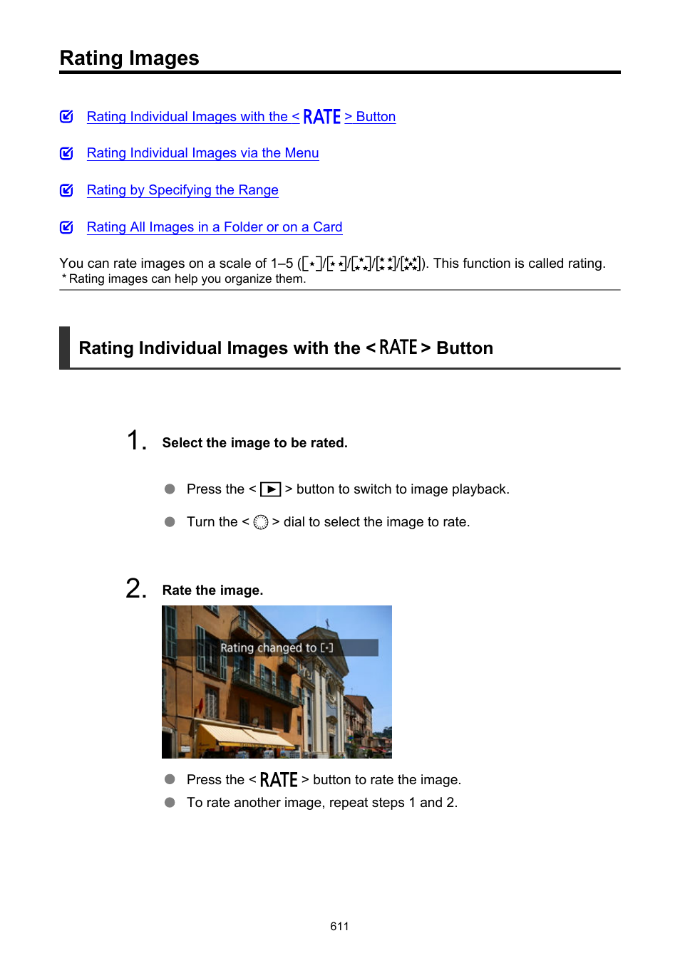 Rating images, Rating | Canon EOS R6 Mark II Mirrorless Camera with 24-105mm f/4-7.1 Lens User Manual | Page 611 / 1074