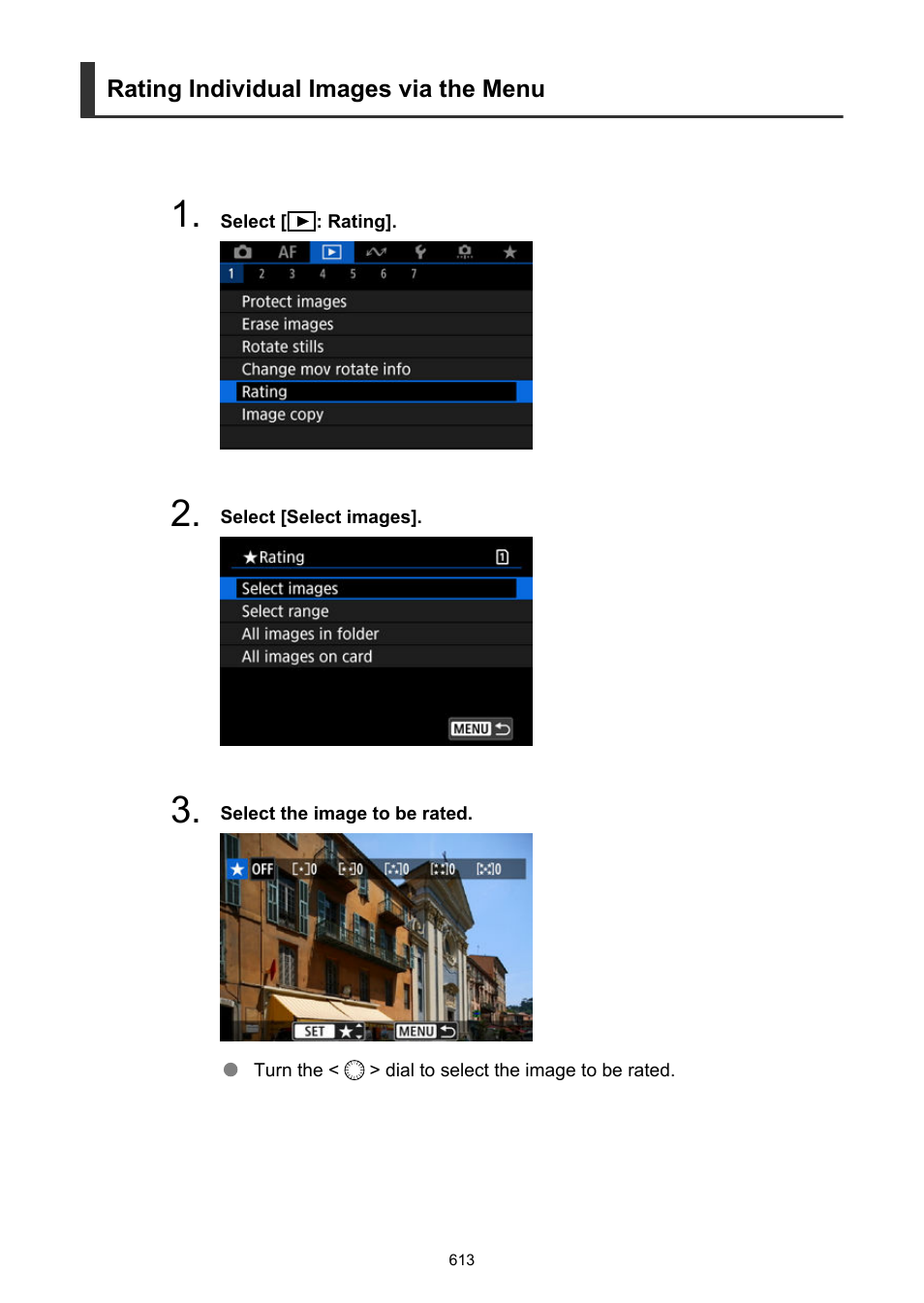 Rating individual images via the menu | Canon EOS R6 Mark II Mirrorless Camera with 24-105mm f/4-7.1 Lens User Manual | Page 613 / 1074