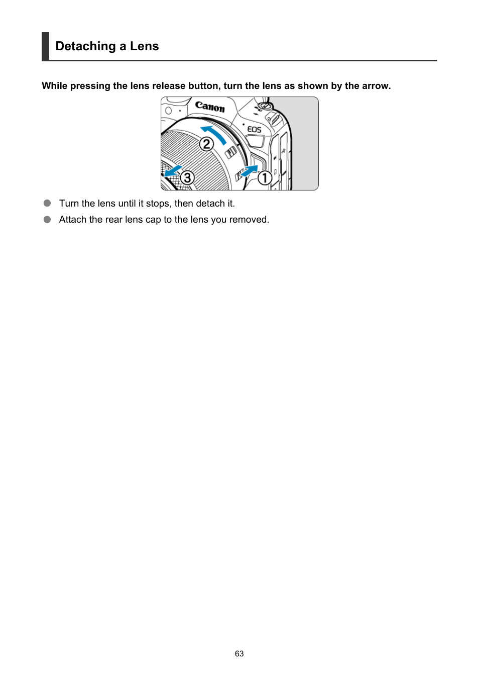 Detaching a lens | Canon EOS R6 Mark II Mirrorless Camera with 24-105mm f/4-7.1 Lens User Manual | Page 63 / 1074