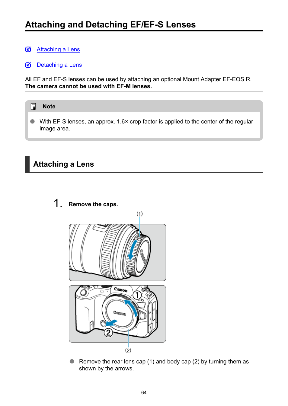 Attaching and detaching ef/ef-s lenses | Canon EOS R6 Mark II Mirrorless Camera with 24-105mm f/4-7.1 Lens User Manual | Page 64 / 1074