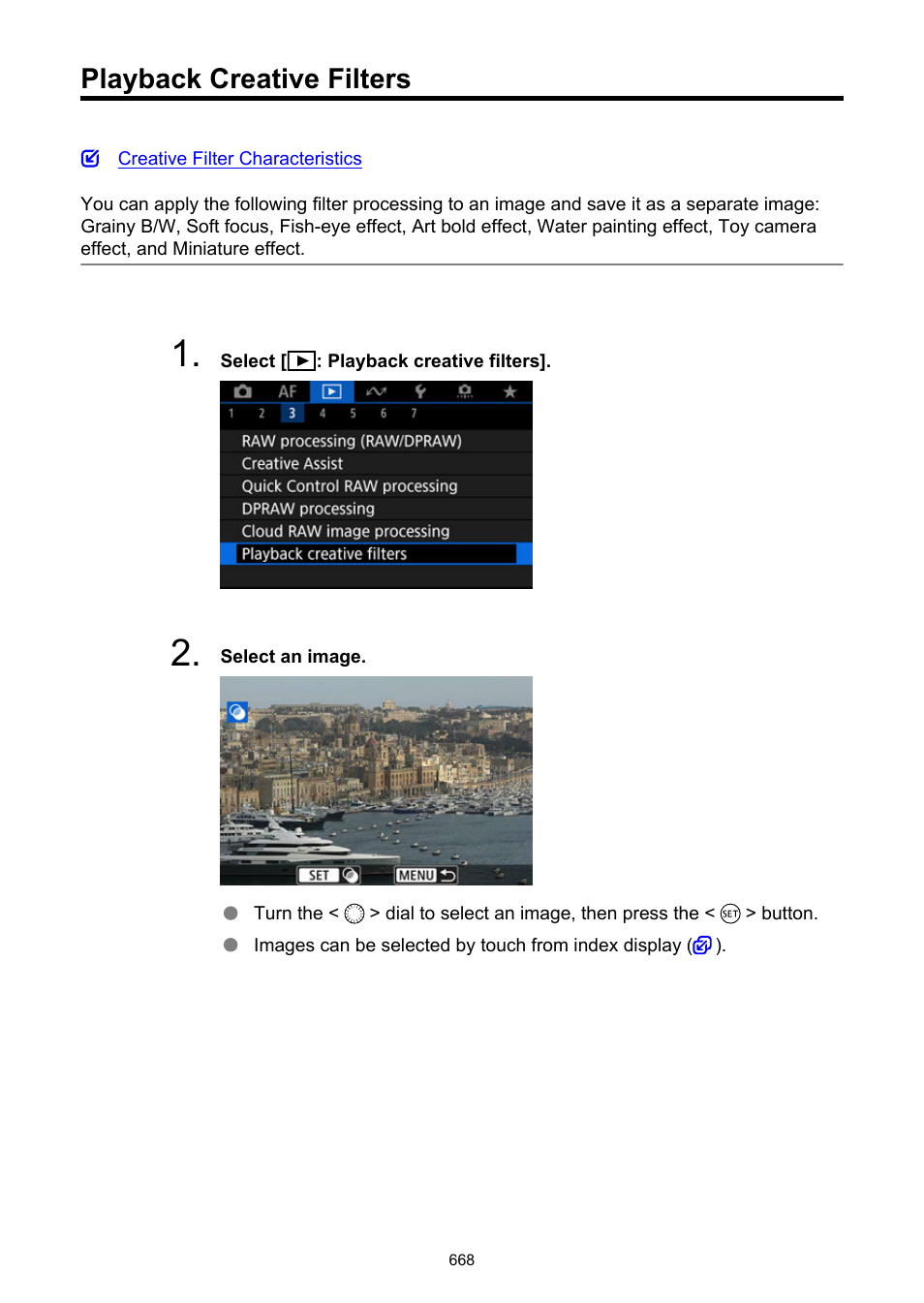 Playback creative filters | Canon EOS R6 Mark II Mirrorless Camera with 24-105mm f/4-7.1 Lens User Manual | Page 668 / 1074
