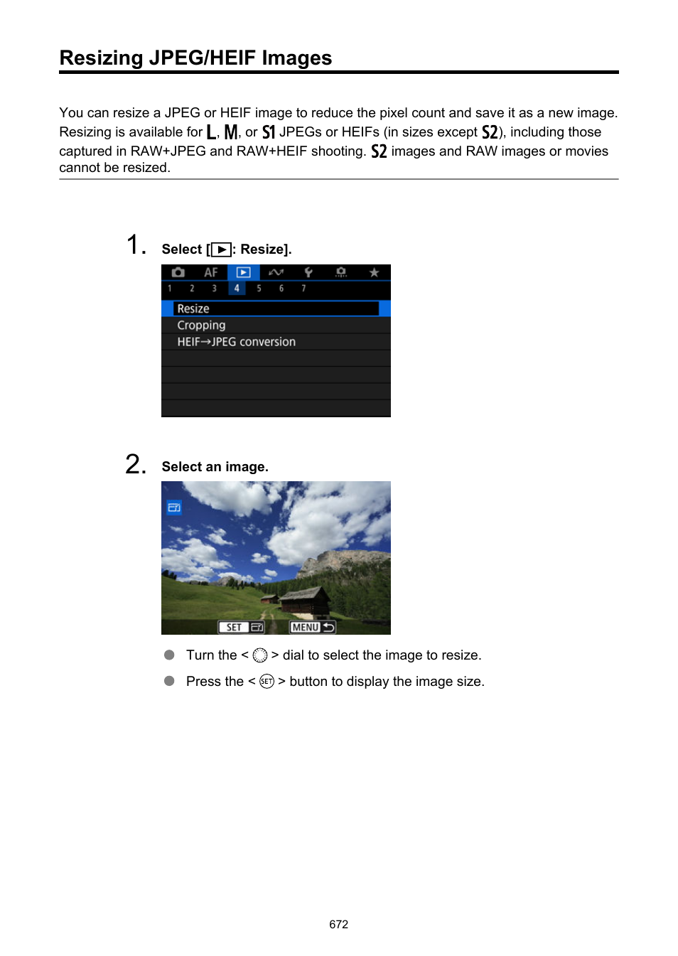 Resizing jpeg/heif images, Resize | Canon EOS R6 Mark II Mirrorless Camera with 24-105mm f/4-7.1 Lens User Manual | Page 672 / 1074