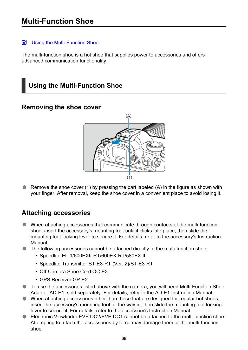 Multi-function shoe | Canon EOS R6 Mark II Mirrorless Camera with 24-105mm f/4-7.1 Lens User Manual | Page 68 / 1074