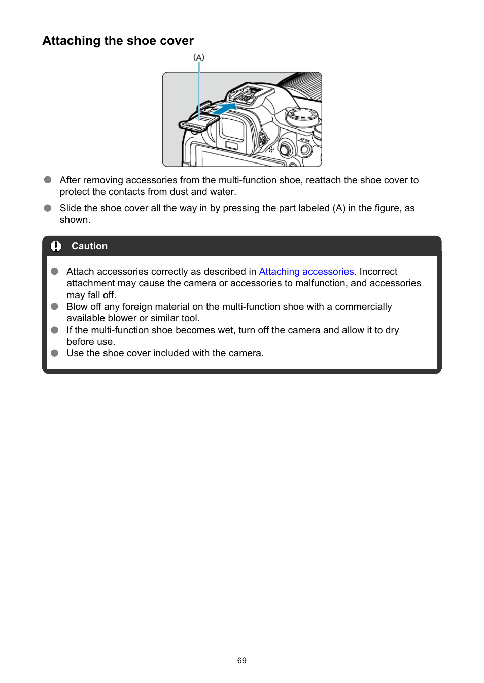 Attaching the shoe cover | Canon EOS R6 Mark II Mirrorless Camera with 24-105mm f/4-7.1 Lens User Manual | Page 69 / 1074