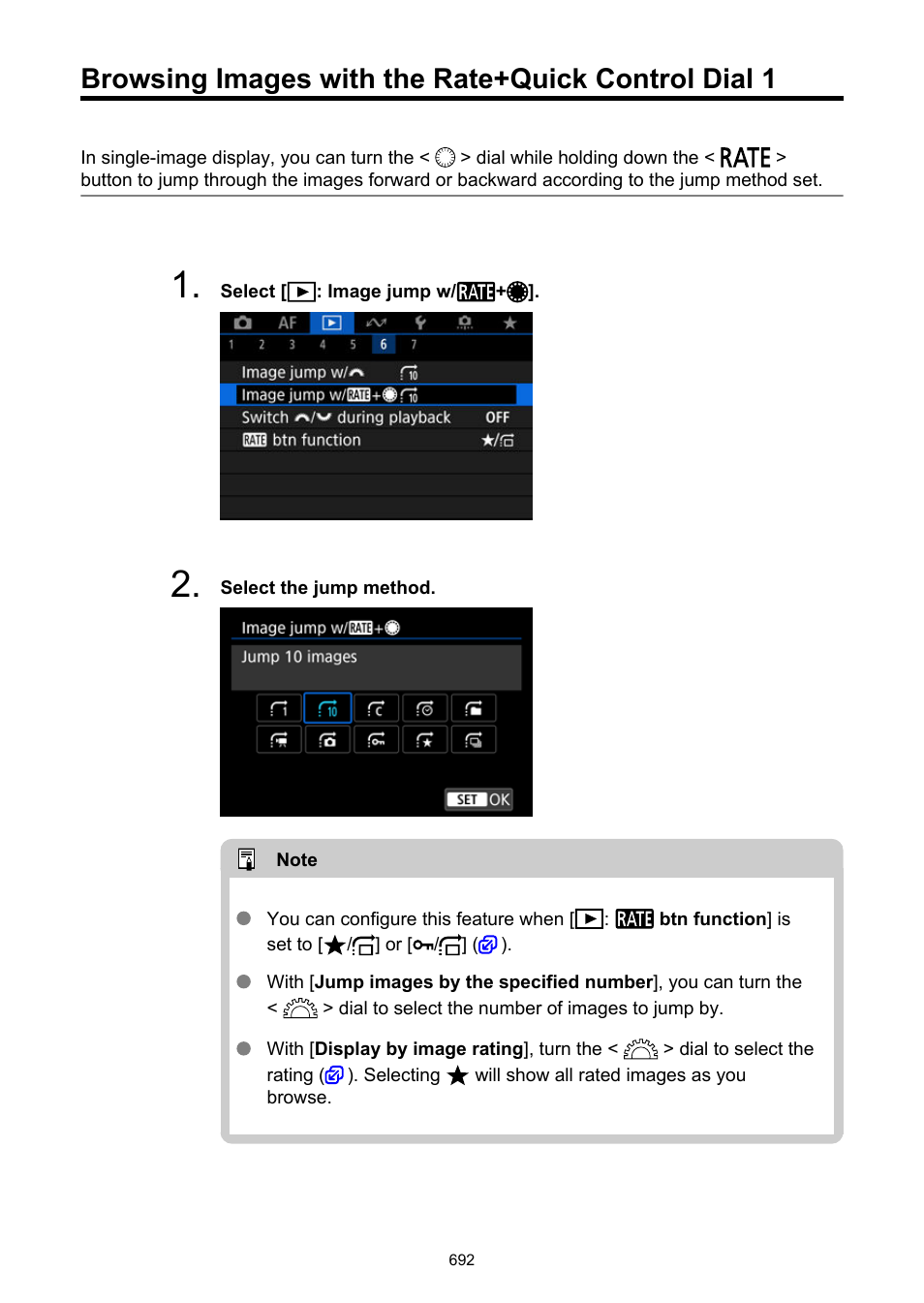Browsing images with the rate+quick control dial 1, Image jump w | Canon EOS R6 Mark II Mirrorless Camera with 24-105mm f/4-7.1 Lens User Manual | Page 692 / 1074