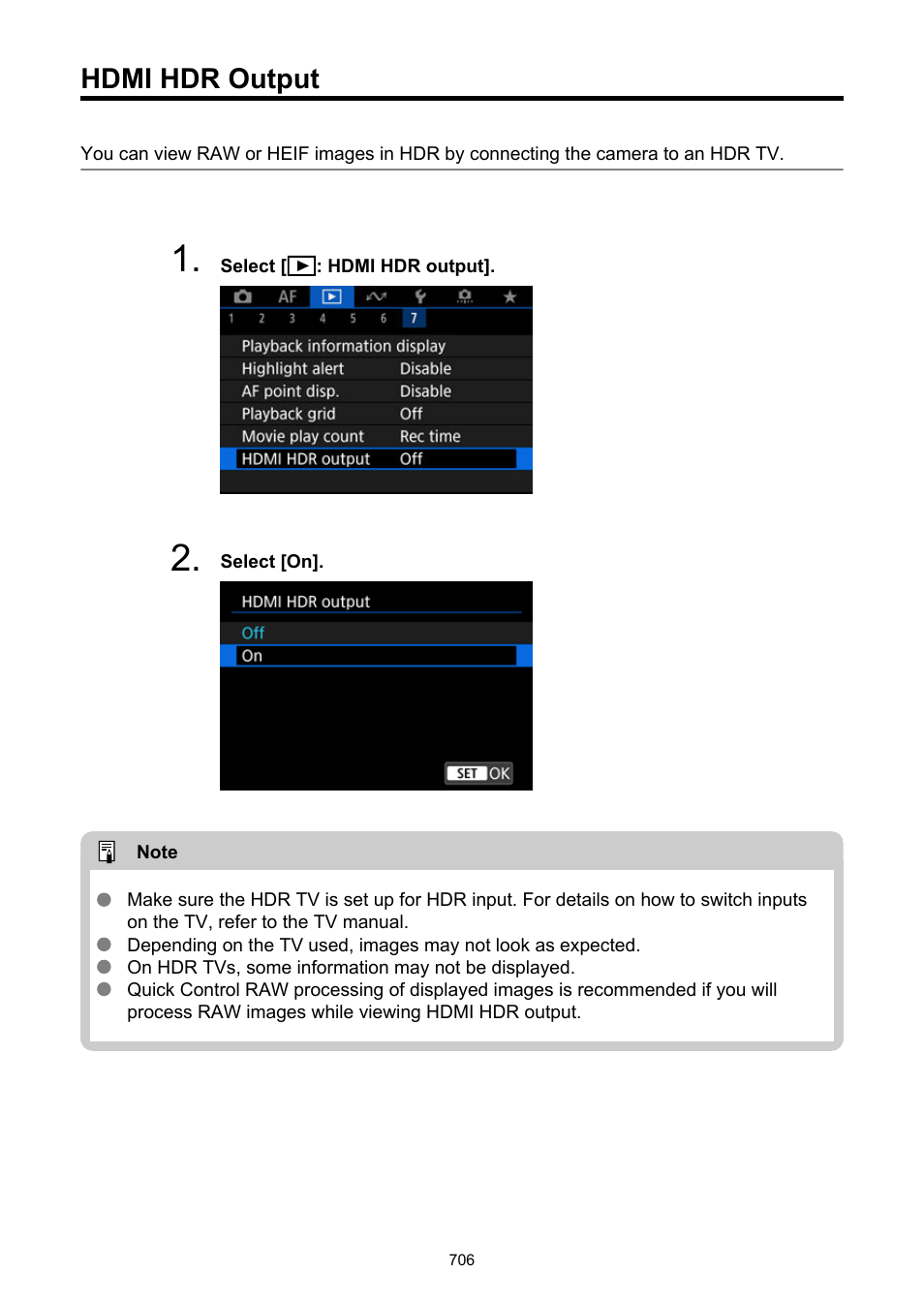 Hdmi hdr output | Canon EOS R6 Mark II Mirrorless Camera with 24-105mm f/4-7.1 Lens User Manual | Page 706 / 1074