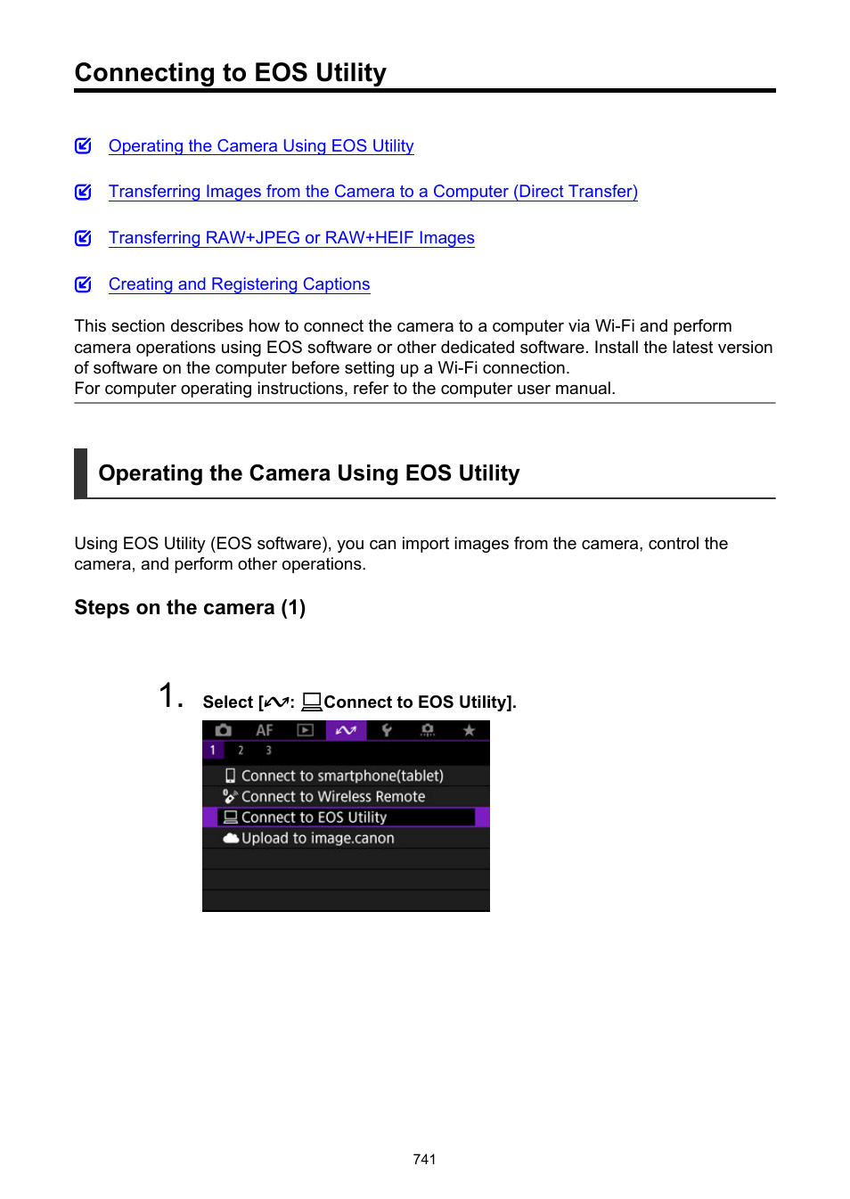 Connecting to eos utility, Connect to eos utility | Canon EOS R6 Mark II Mirrorless Camera with 24-105mm f/4-7.1 Lens User Manual | Page 741 / 1074
