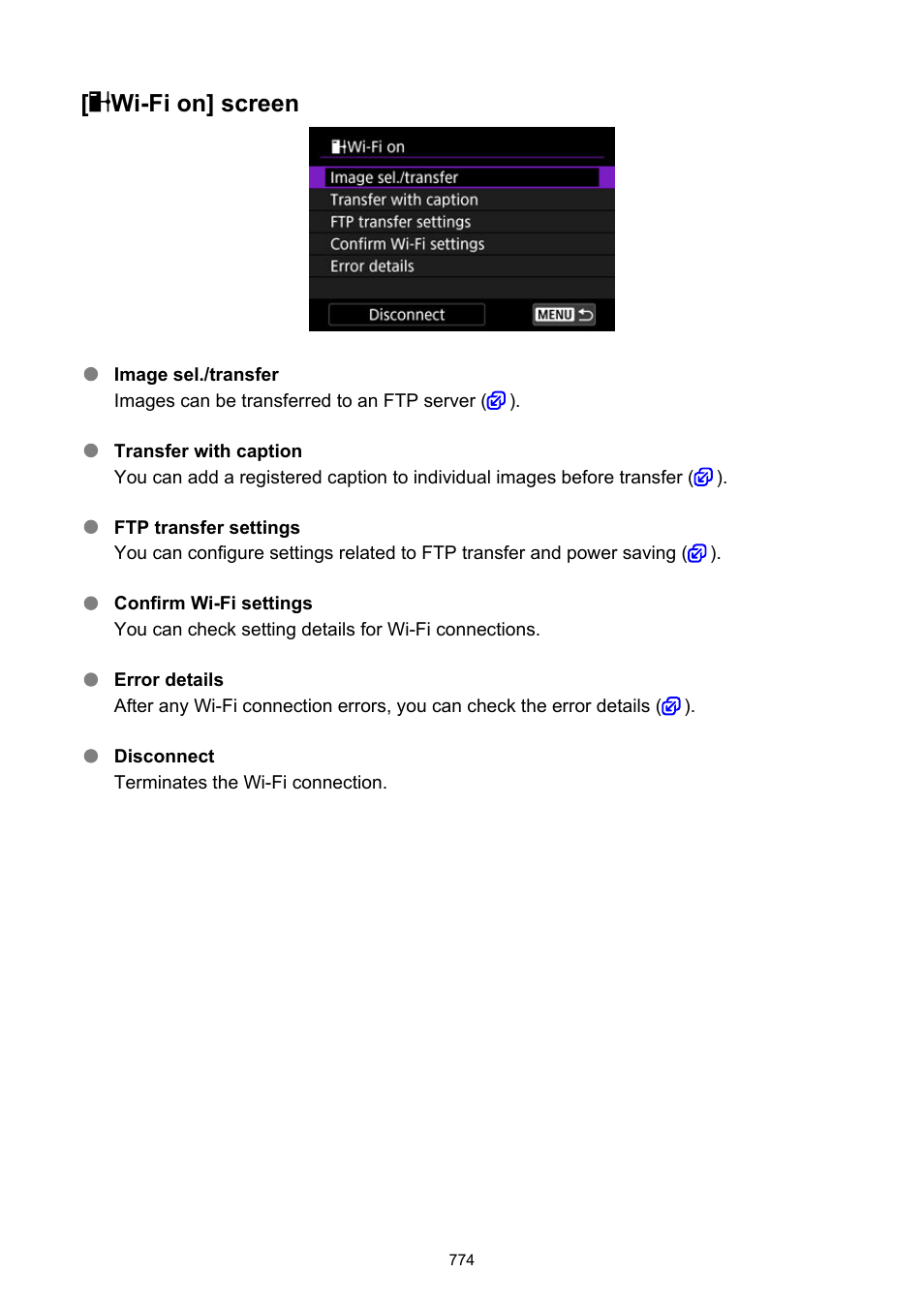 Wi-fi on] screen | Canon EOS R6 Mark II Mirrorless Camera with 24-105mm f/4-7.1 Lens User Manual | Page 774 / 1074