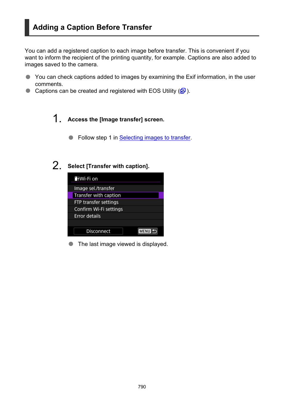 Adding a caption before transfer, Adding a caption, Before transfer | Canon EOS R6 Mark II Mirrorless Camera with 24-105mm f/4-7.1 Lens User Manual | Page 790 / 1074