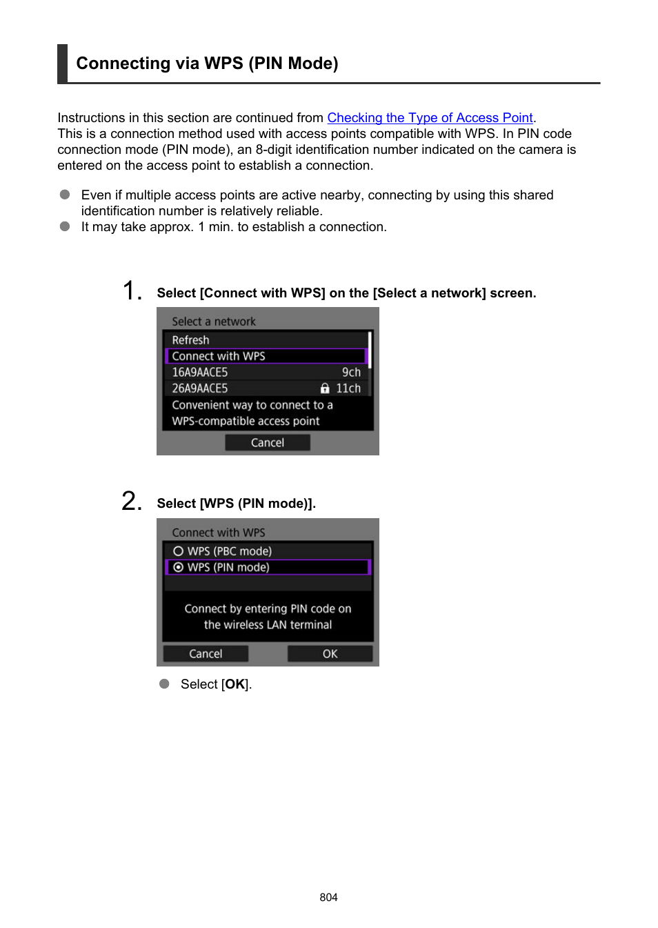 Connecting via wps (pin mode) | Canon EOS R6 Mark II Mirrorless Camera with 24-105mm f/4-7.1 Lens User Manual | Page 804 / 1074