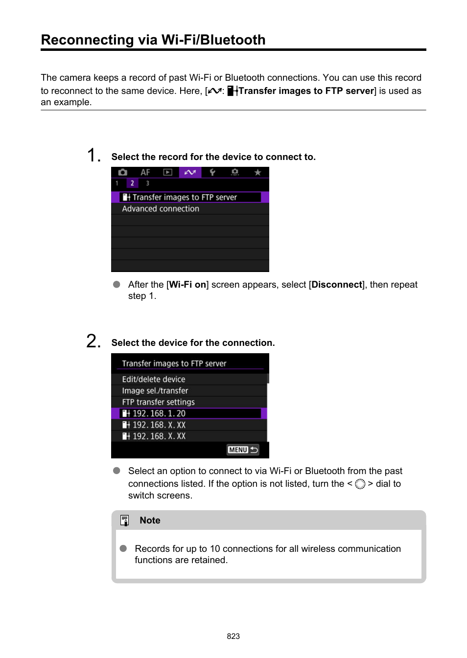 Reconnecting via wi-fi/bluetooth, Wi-fi, see | Canon EOS R6 Mark II Mirrorless Camera with 24-105mm f/4-7.1 Lens User Manual | Page 823 / 1074