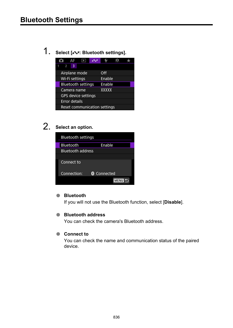 Bluetooth settings | Canon EOS R6 Mark II Mirrorless Camera with 24-105mm f/4-7.1 Lens User Manual | Page 836 / 1074