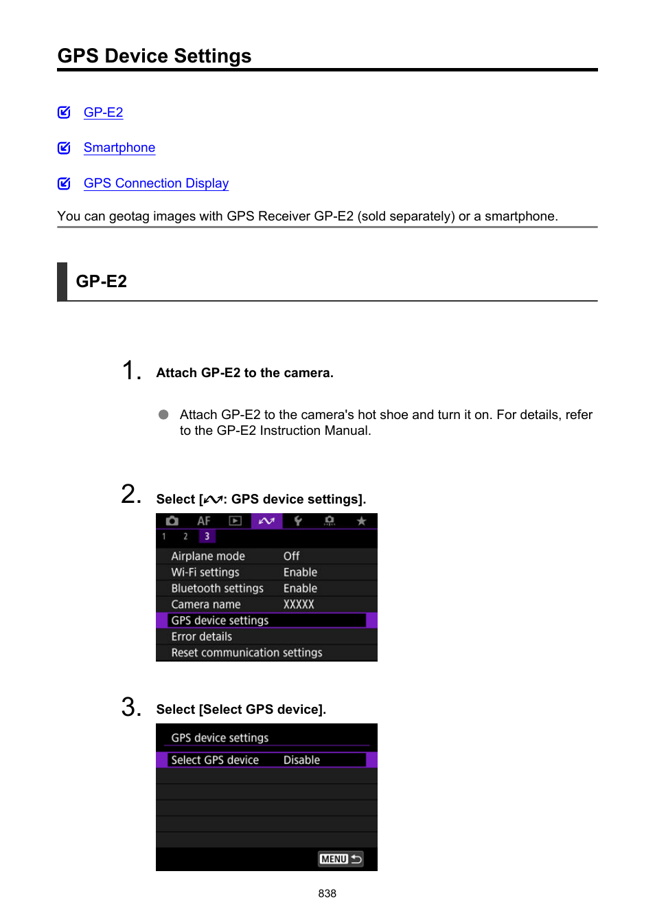 Gps device settings | Canon EOS R6 Mark II Mirrorless Camera with 24-105mm f/4-7.1 Lens User Manual | Page 838 / 1074