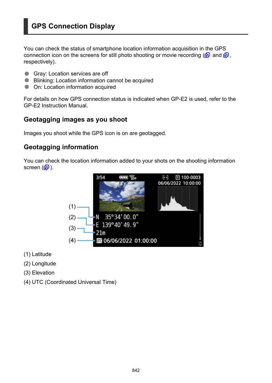 Gps connection display | Canon EOS R6 Mark II Mirrorless Camera with 24-105mm f/4-7.1 Lens User Manual | Page 842 / 1074