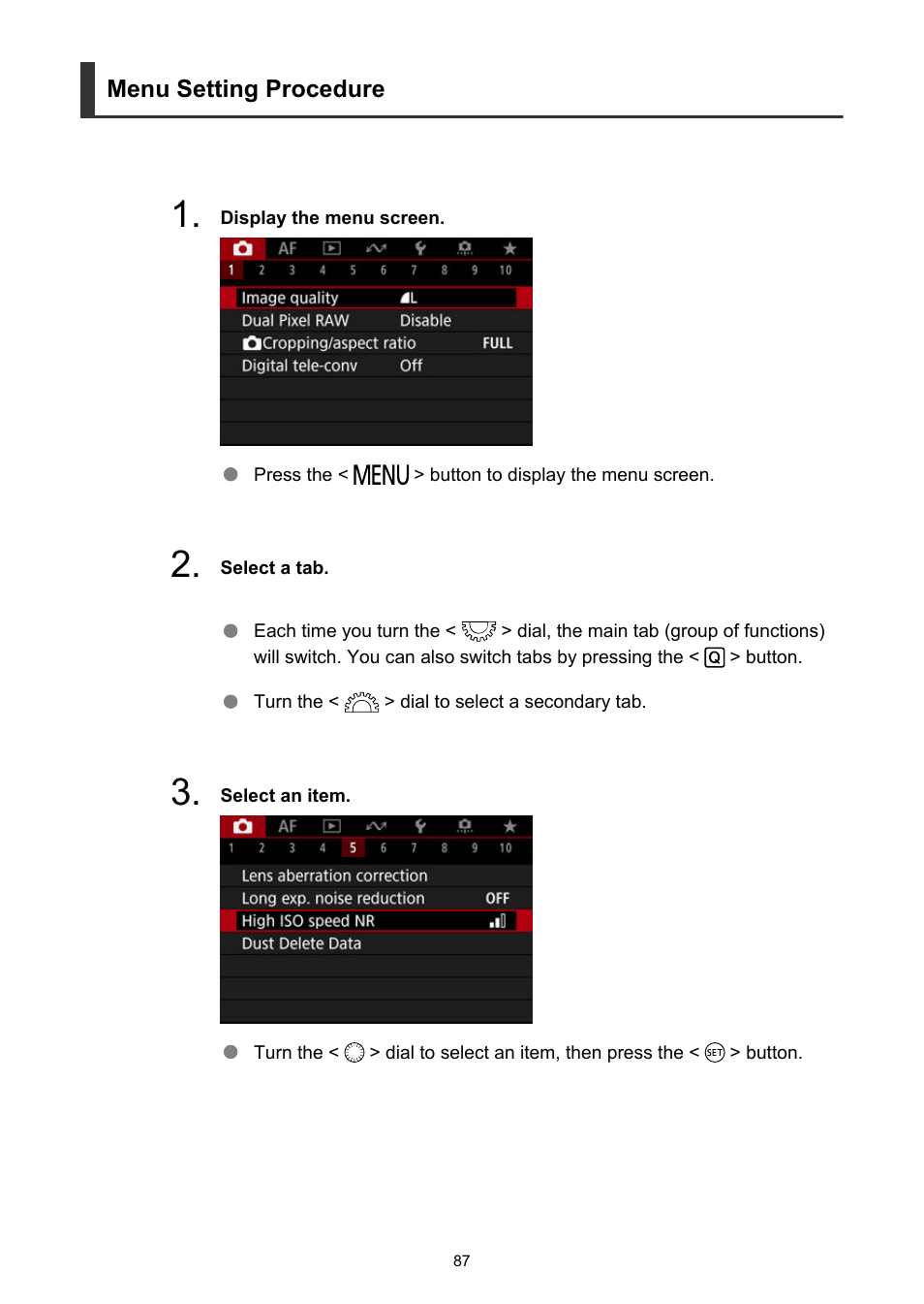 Menu setting procedure | Canon EOS R6 Mark II Mirrorless Camera with 24-105mm f/4-7.1 Lens User Manual | Page 87 / 1074