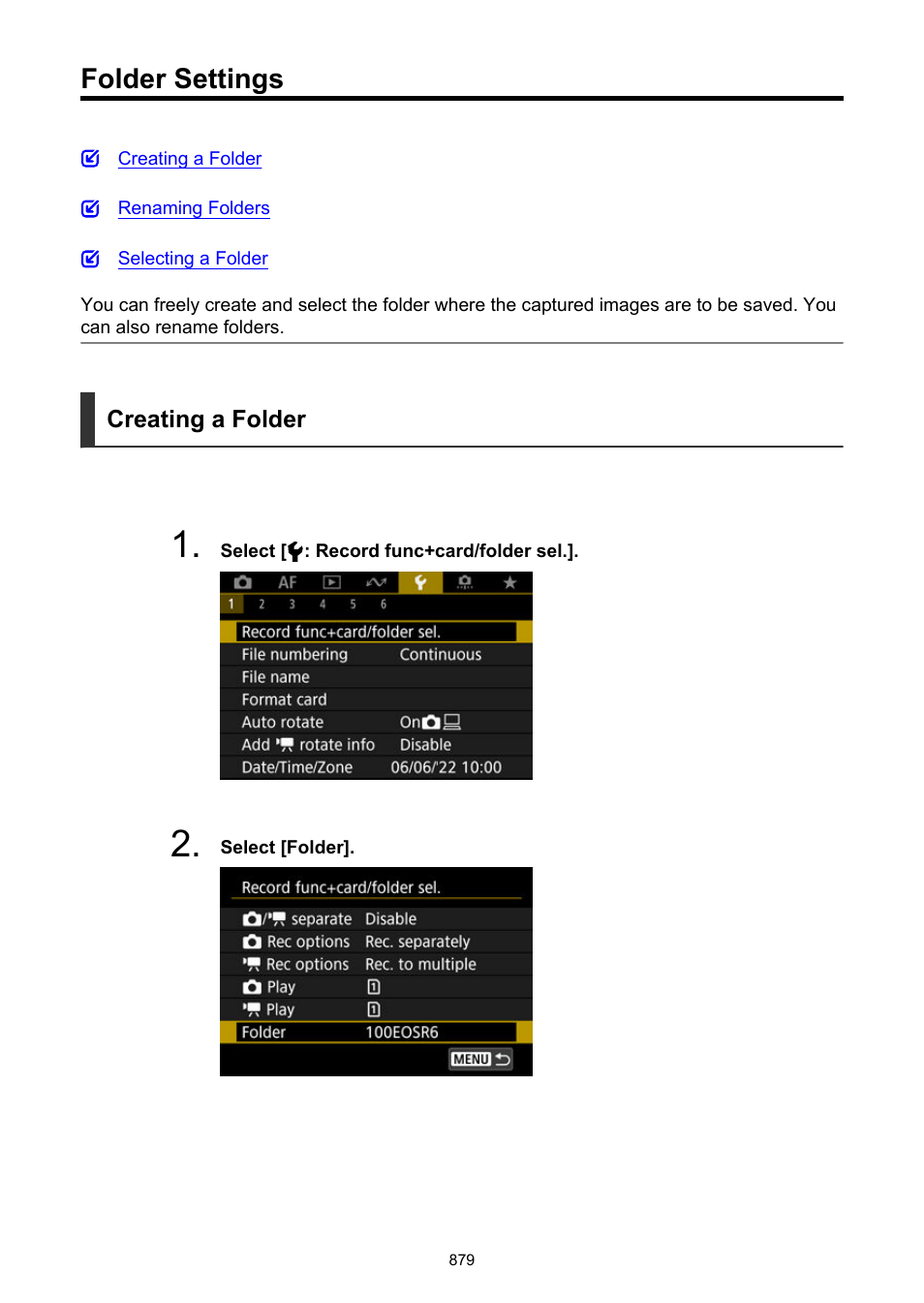 Folder settings, Creating a folder | Canon EOS R6 Mark II Mirrorless Camera with 24-105mm f/4-7.1 Lens User Manual | Page 879 / 1074