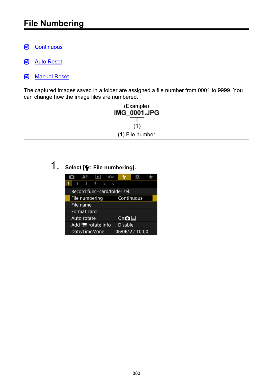 File numbering | Canon EOS R6 Mark II Mirrorless Camera with 24-105mm f/4-7.1 Lens User Manual | Page 883 / 1074