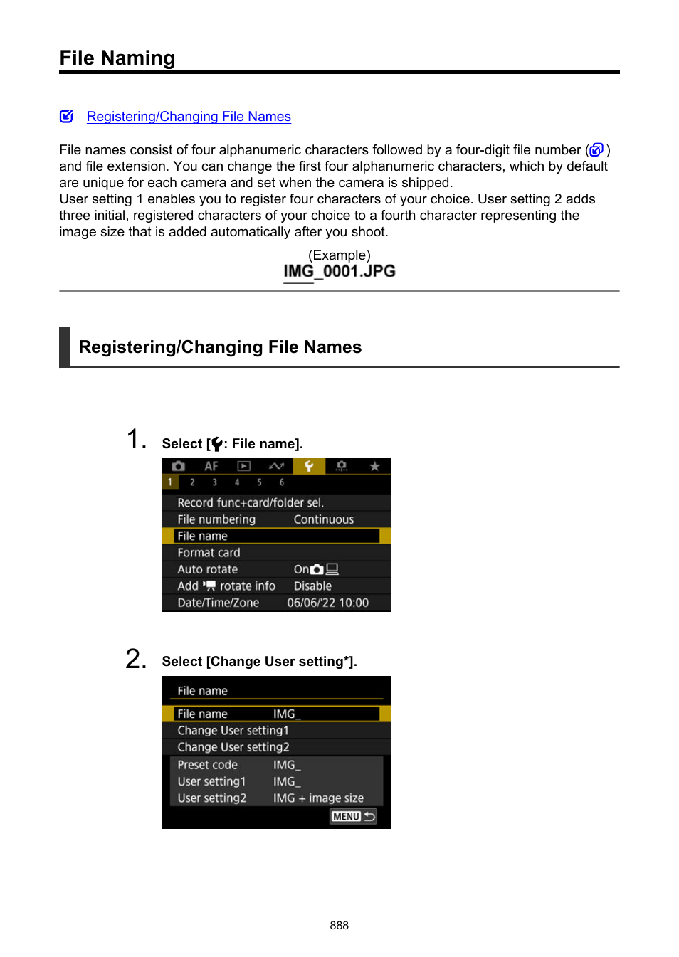 File naming, File name | Canon EOS R6 Mark II Mirrorless Camera with 24-105mm f/4-7.1 Lens User Manual | Page 888 / 1074