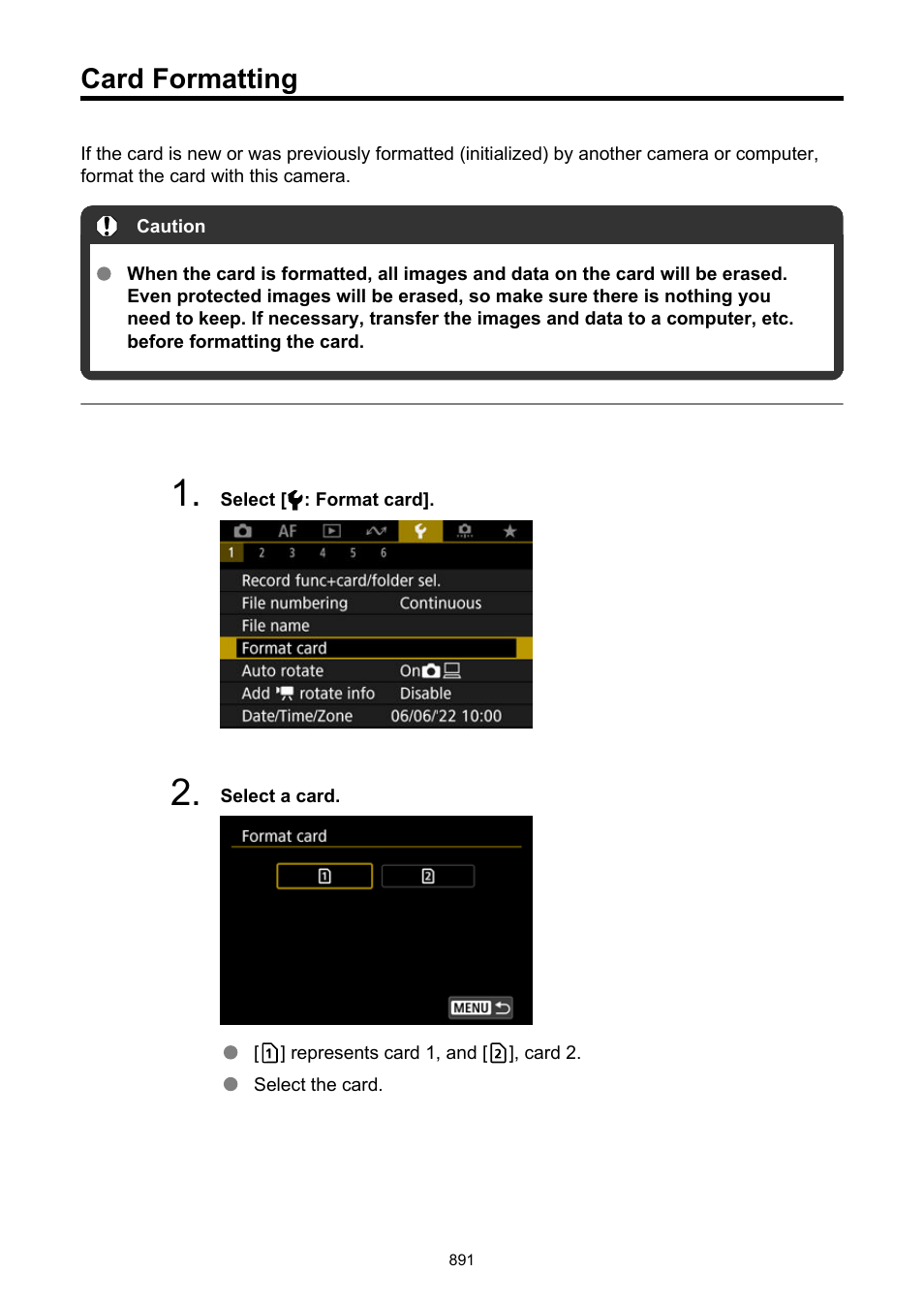 Card formatting, Then format the card with the camera, The card may then return to normal | Before recording movies is recommended, If you format the card, The protected images will also be erased, Format card | Canon EOS R6 Mark II Mirrorless Camera with 24-105mm f/4-7.1 Lens User Manual | Page 891 / 1074