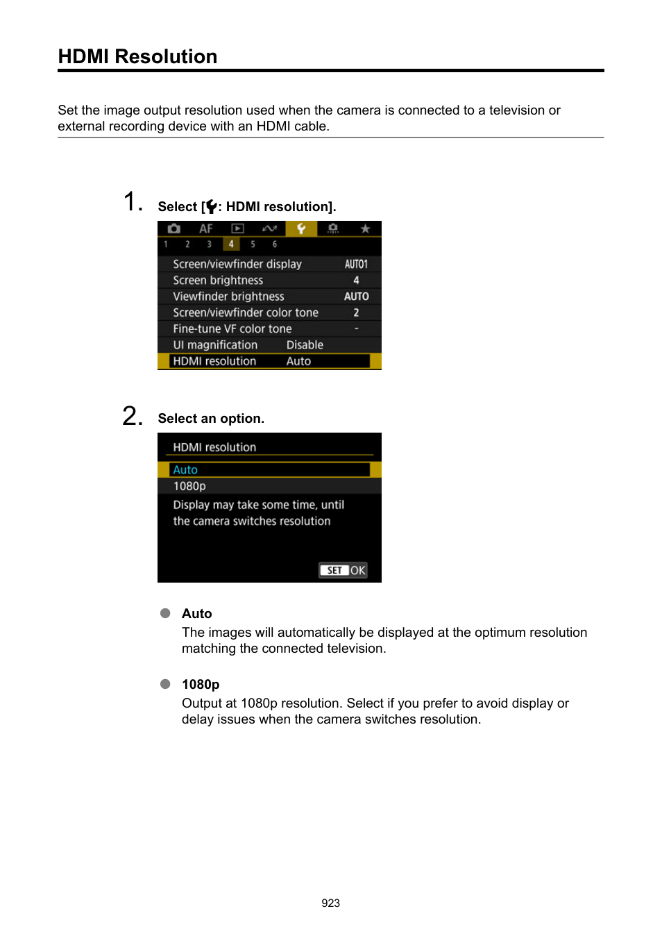 Hdmi resolution | Canon EOS R6 Mark II Mirrorless Camera with 24-105mm f/4-7.1 Lens User Manual | Page 923 / 1074