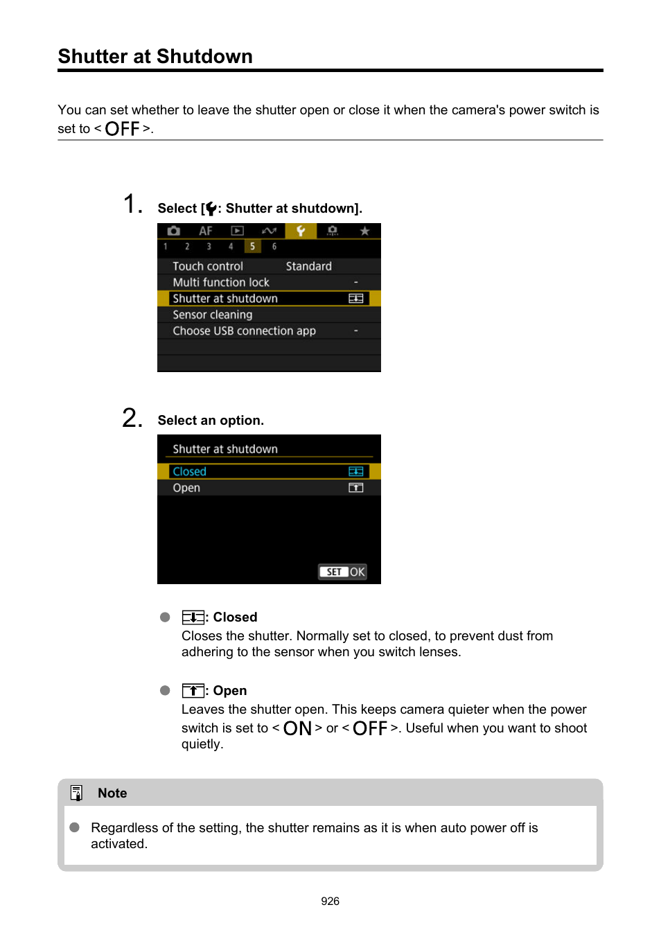 Shutter at shutdown | Canon EOS R6 Mark II Mirrorless Camera with 24-105mm f/4-7.1 Lens User Manual | Page 926 / 1074