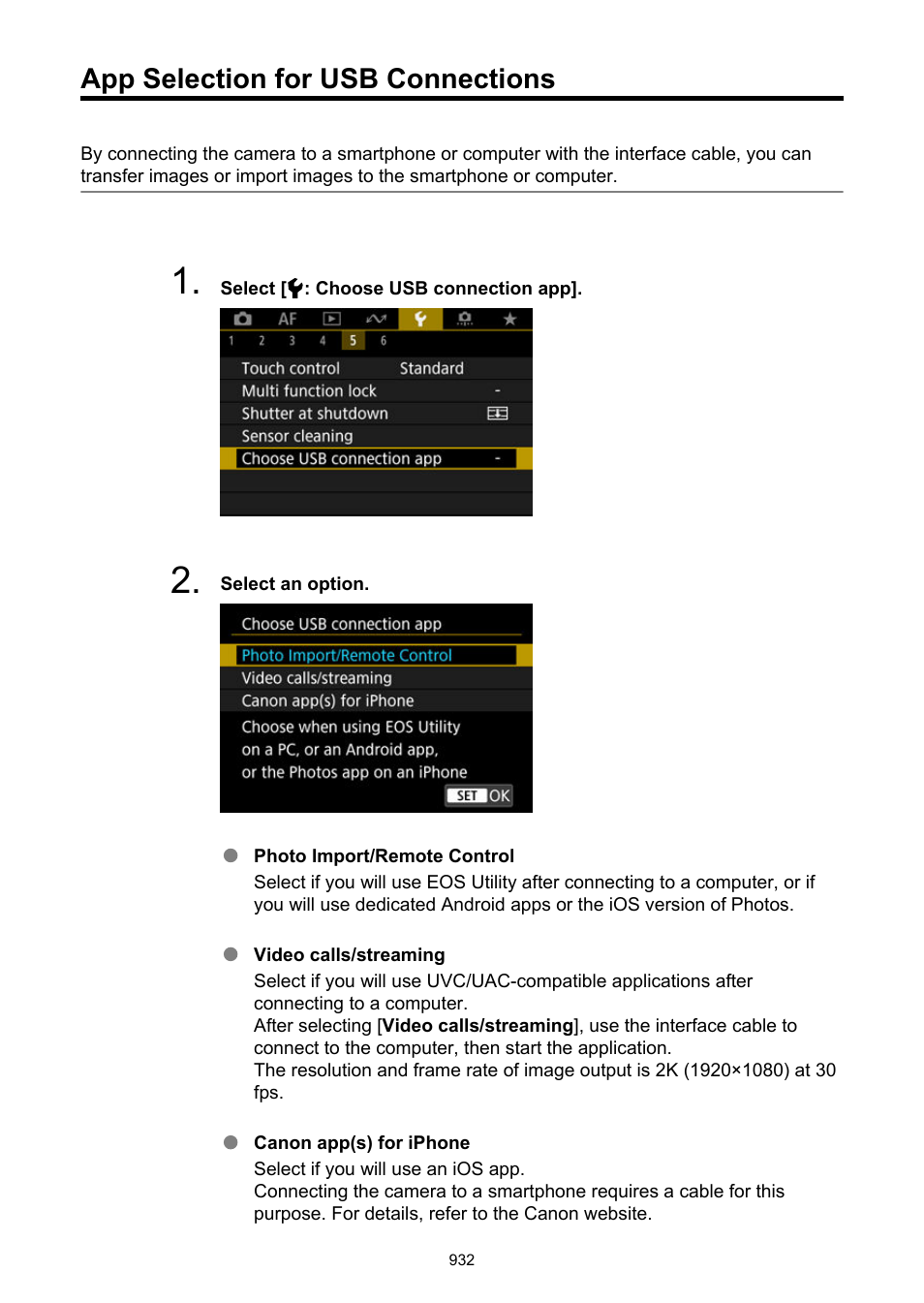 App selection for usb connections, Choose usb connection app | Canon EOS R6 Mark II Mirrorless Camera with 24-105mm f/4-7.1 Lens User Manual | Page 932 / 1074