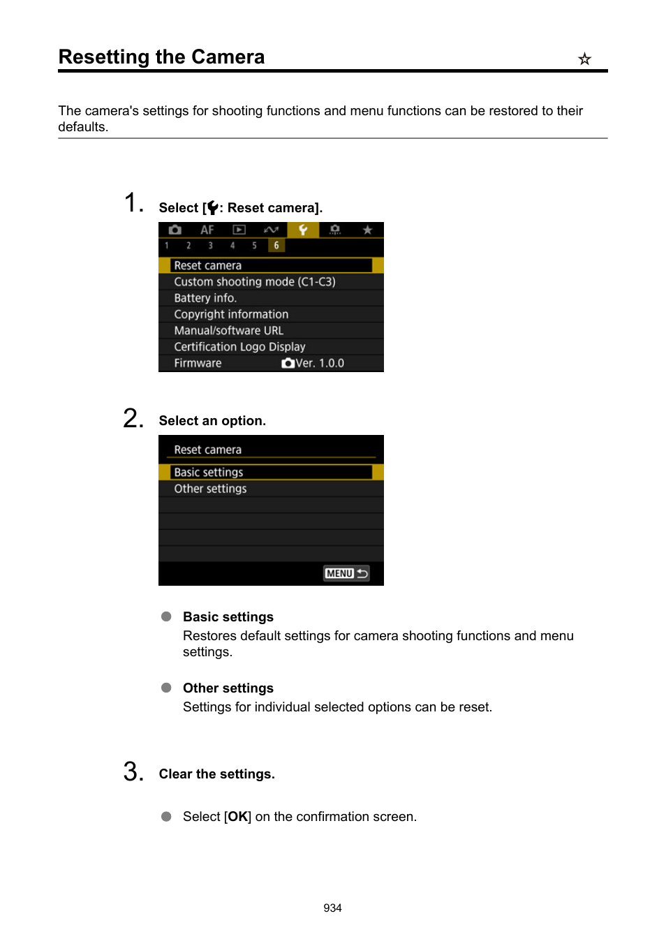 Resetting the camera, Reset camera | Canon EOS R6 Mark II Mirrorless Camera with 24-105mm f/4-7.1 Lens User Manual | Page 934 / 1074