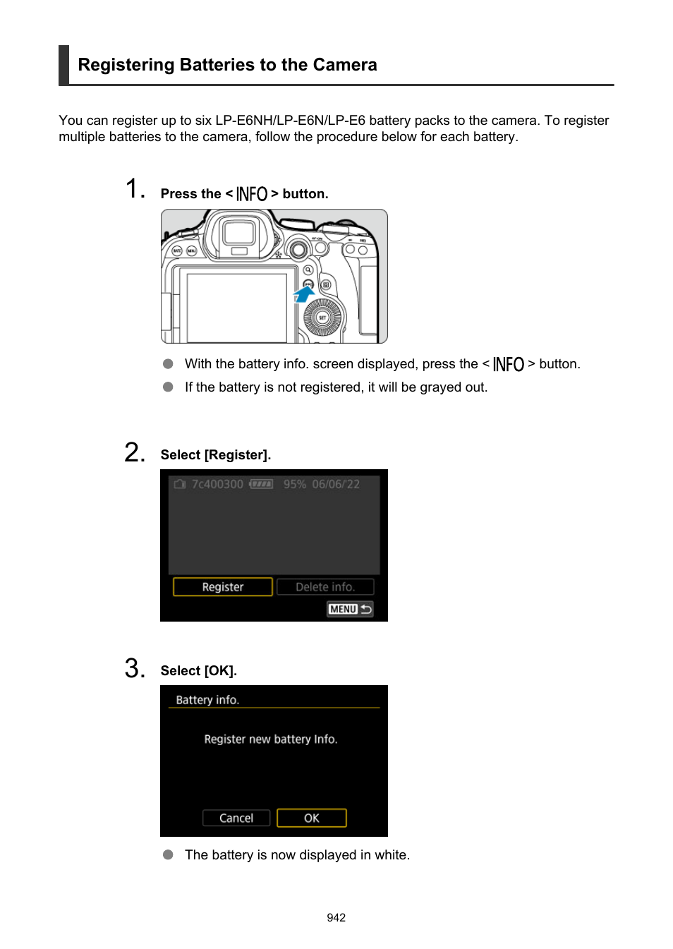Registering batteries to the camera | Canon EOS R6 Mark II Mirrorless Camera with 24-105mm f/4-7.1 Lens User Manual | Page 942 / 1074