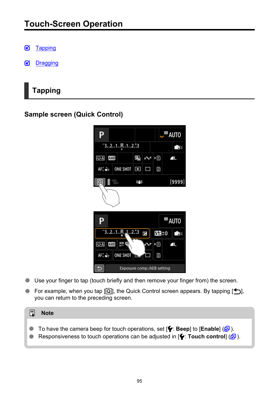 Touch-screen operation, Tapping | Canon EOS R6 Mark II Mirrorless Camera with 24-105mm f/4-7.1 Lens User Manual | Page 95 / 1074