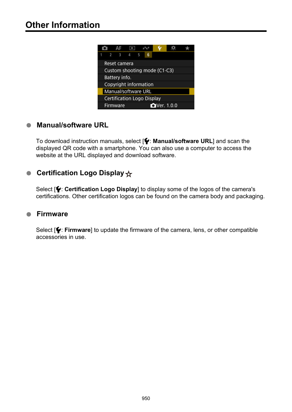 Other information, Manual/software url, Certification logo display | Firmware | Canon EOS R6 Mark II Mirrorless Camera with 24-105mm f/4-7.1 Lens User Manual | Page 950 / 1074