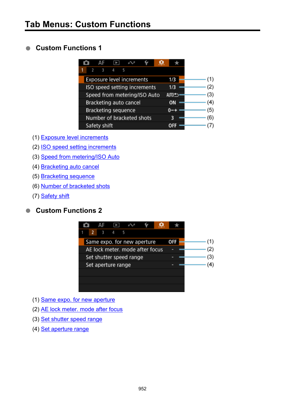 Tab menus: custom functions | Canon EOS R6 Mark II Mirrorless Camera with 24-105mm f/4-7.1 Lens User Manual | Page 952 / 1074