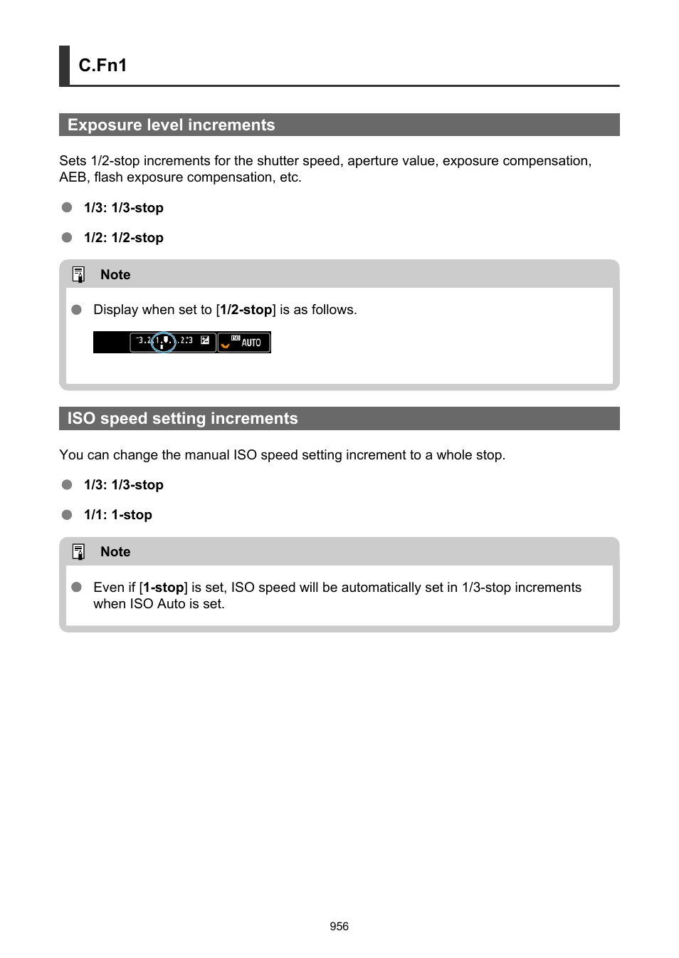 Exposure level increments, Iso speed setting increments, C.fn1 | Canon EOS R6 Mark II Mirrorless Camera with 24-105mm f/4-7.1 Lens User Manual | Page 956 / 1074