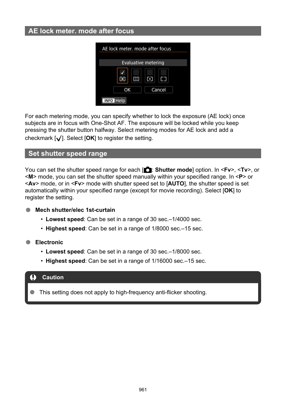 Ae lock meter. mode after focus, Set shutter speed range | Canon EOS R6 Mark II Mirrorless Camera with 24-105mm f/4-7.1 Lens User Manual | Page 961 / 1074
