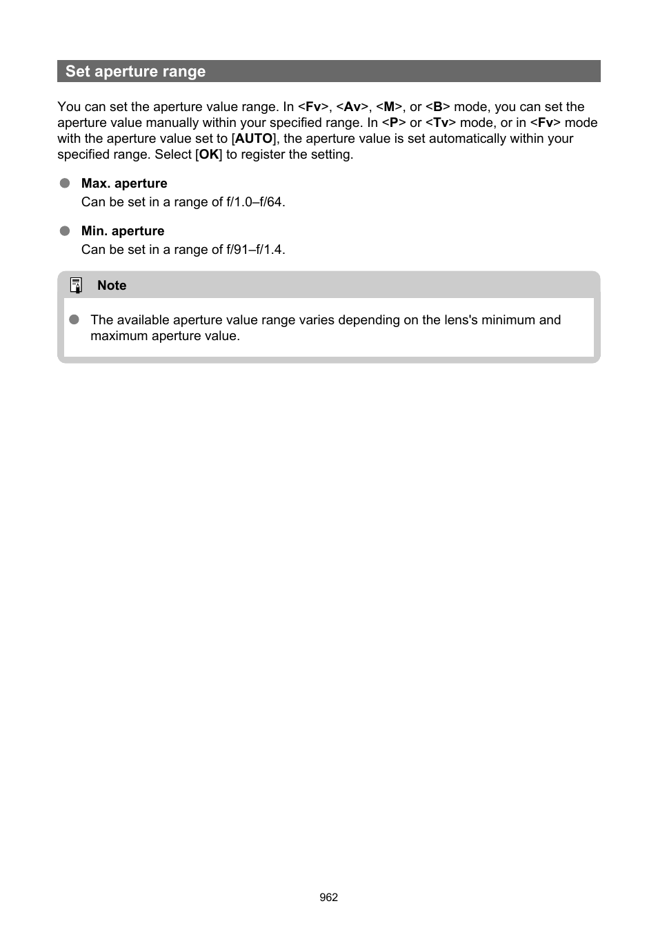 Set aperture range | Canon EOS R6 Mark II Mirrorless Camera with 24-105mm f/4-7.1 Lens User Manual | Page 962 / 1074