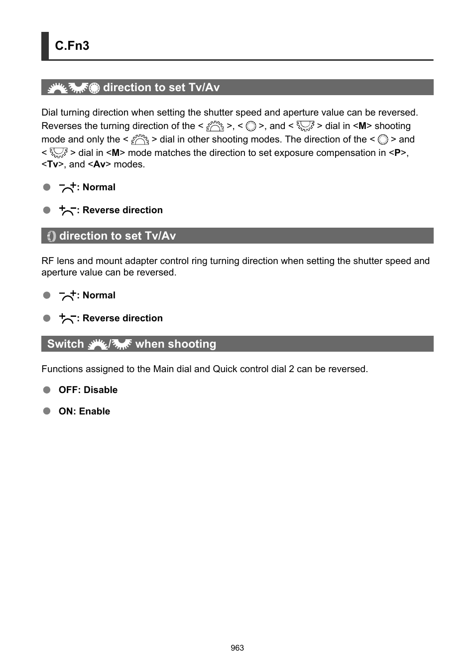 Direction to set tv/av, Switch, When shooting | C.fn3 | Canon EOS R6 Mark II Mirrorless Camera with 24-105mm f/4-7.1 Lens User Manual | Page 963 / 1074