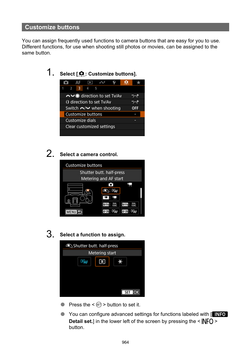 Customize buttons | Canon EOS R6 Mark II Mirrorless Camera with 24-105mm f/4-7.1 Lens User Manual | Page 964 / 1074