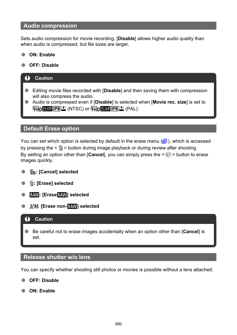 Audio compression, Default erase option, Release shutter w/o lens | Canon EOS R6 Mark II Mirrorless Camera with 24-105mm f/4-7.1 Lens User Manual | Page 980 / 1074