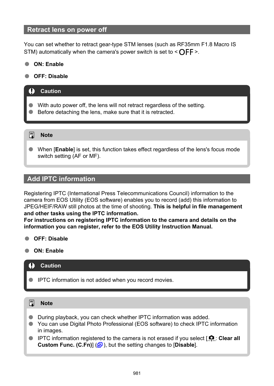 Retract lens on power off, Add iptc information | Canon EOS R6 Mark II Mirrorless Camera with 24-105mm f/4-7.1 Lens User Manual | Page 981 / 1074