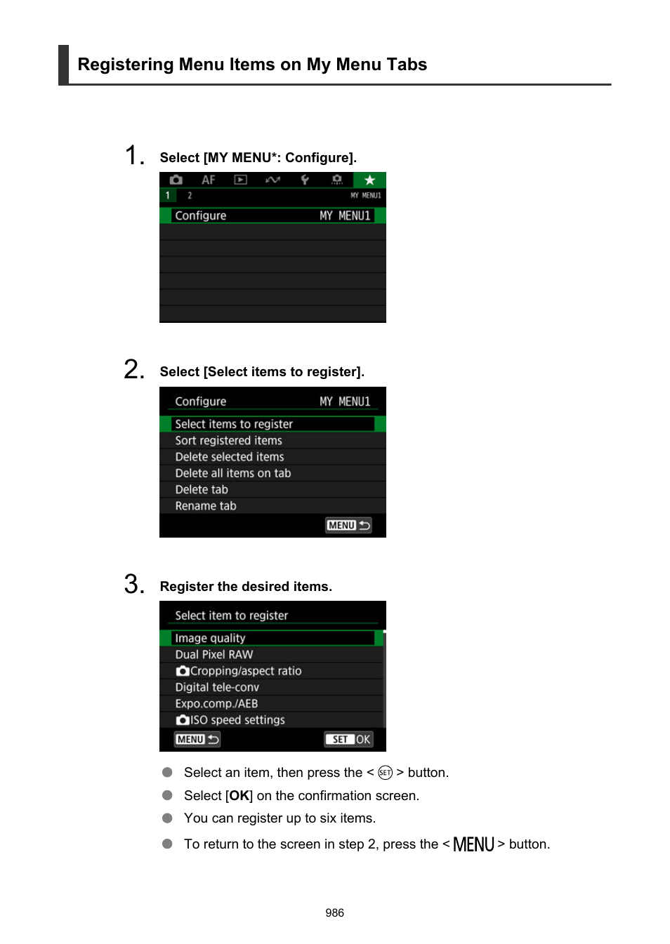 Registering menu items on my menu tabs | Canon EOS R6 Mark II Mirrorless Camera with 24-105mm f/4-7.1 Lens User Manual | Page 986 / 1074