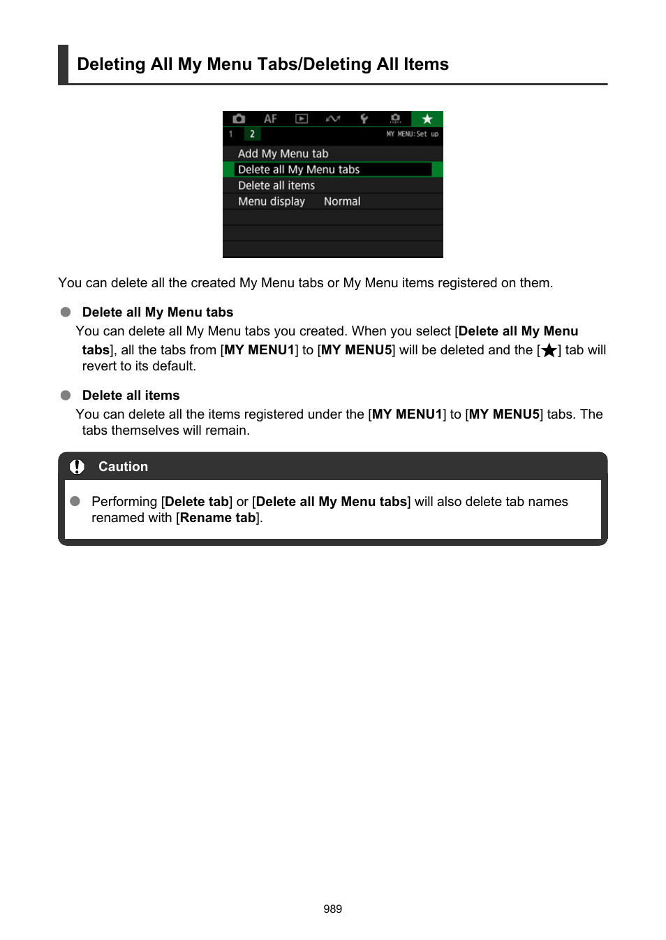 Delete all my menu tabs, Delete all items, Deleting all my menu tabs/deleting all items | Canon EOS R6 Mark II Mirrorless Camera with 24-105mm f/4-7.1 Lens User Manual | Page 989 / 1074